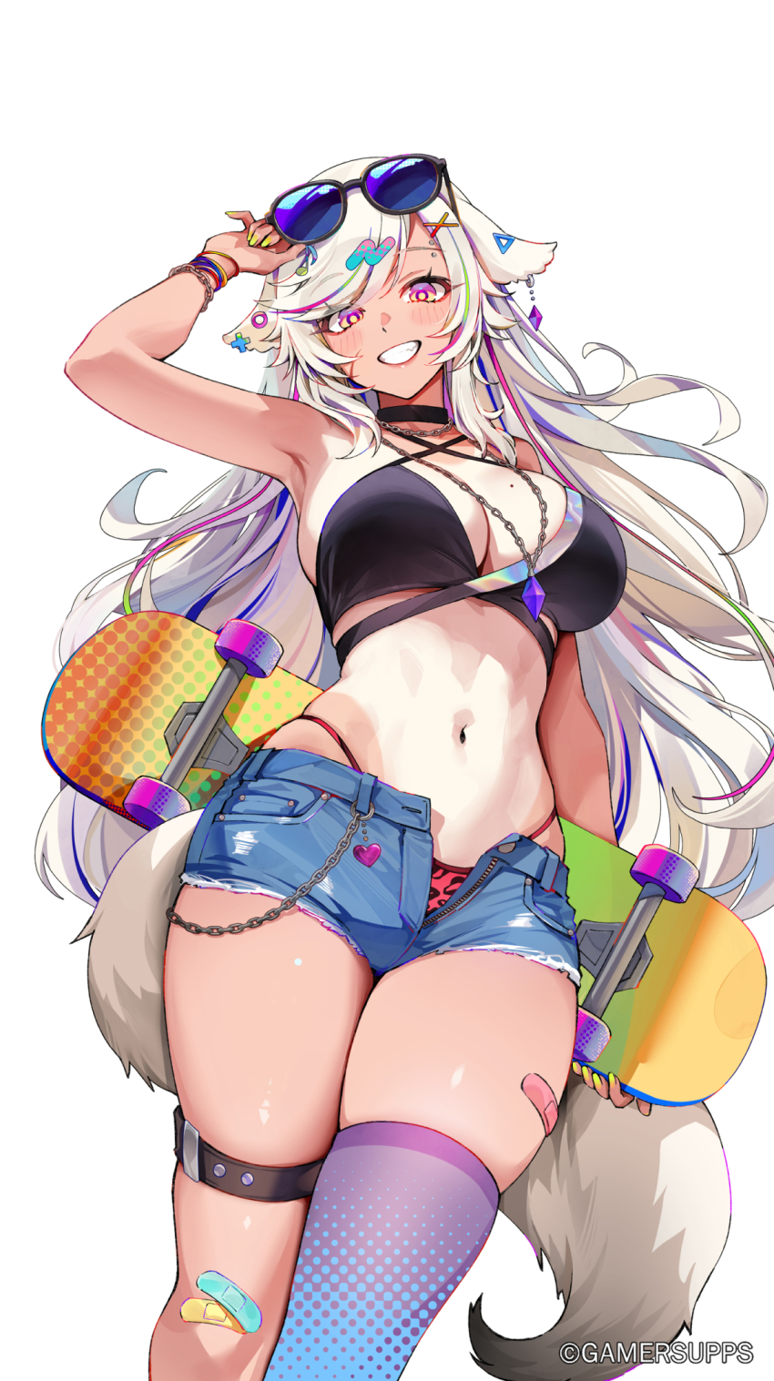 1girl amekaji_gyaru armpits bandaid bandaid_on_knee bandaid_on_leg bandaid_on_thigh bare_shoulders bikini black_bikini black_choker bracelet breasts choker cleavage commentary copyright_name cutoffs denim denim_shorts ear_tag ein_(foxyreine) english_commentary eyebrow_piercing eyewear_on_head face_piercing fox_girl foxyreine from_below gamer_supps grin gyaru highleg highleg_bikini highres holding holding_skateboard jewelry large_breasts long_eyelashes long_hair looking_at_viewer mole mole_on_breast navel necklace open_fly original piercing pink_eyes short_shorts shorts simple_background skateboard skindentation smile solo swimsuit tail tan tanline teeth thigh_strap thighs very_long_hair white_background white_hair