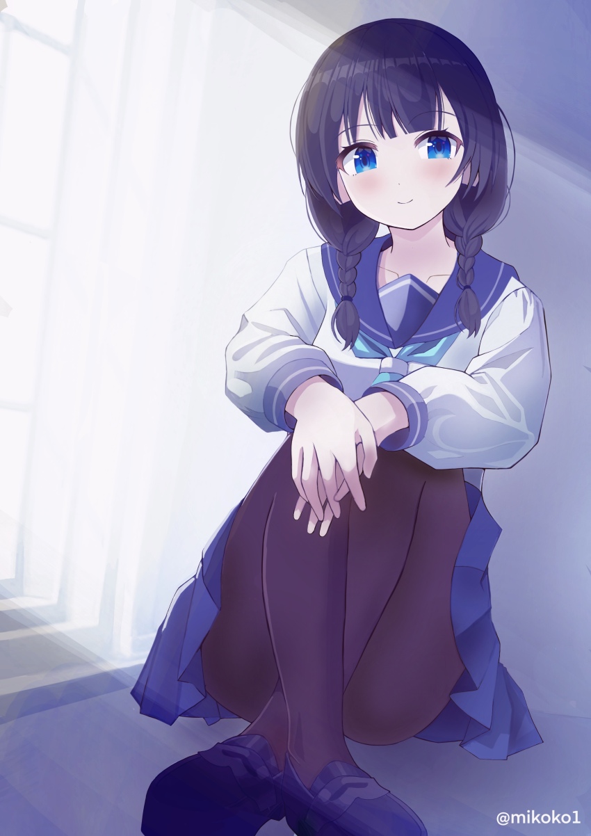 1girl absurdres aqua_neckerchief artist_name ass black_hair black_pantyhose black_shoes blue_eyes blue_skirt blunt_bangs blush braid closed_mouth commentary_request crossed_ankles dutch_angle hair_tie highres knees_up light_rays loafers long_hair long_sleeves looking_at_viewer low-braided_long_hair low-tied_long_hair mikoko1 neckerchief on_floor original own_hands_together pantyhose pleated_skirt school_uniform serafuku shoes sidelighting sitting skirt smile solo thighs twin_braids twitter_username window