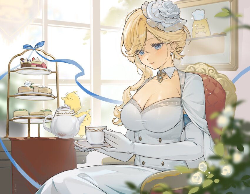 ariko_(aaaaarik) azur_lane steamed_bun blonde_hair blue_eyes breasts chair cleavage cup cupcake dress earrings elbow_gloves food gloves highres hood_(azur_lane) jewelry large_breasts long_hair macaron mousse_(food) necklace saucer scone sitting tart_(food) tea_set teacup teapot tiered_tray white_dress white_gloves