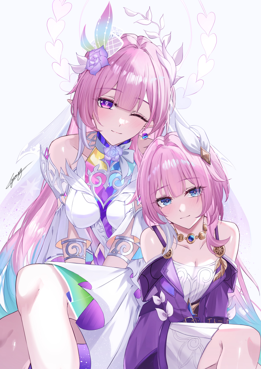 2girls absurdres aqua_hair bare_shoulders blue_eyes breasts cleavage coat commentary cyrene_(aedes_elysiae)_(honkai:_star_rail) cyrene_(honkai:_star_rail) cyrene_(ripples_of_past_reverie)_(honkai:_star_rail) diamond-shaped_pupils diamond_(shape) dress dual_persona hair_flaps halo highres honkai:_star_rail honkai_(series) jewelry large_breasts long_hair miya-chan_(lightning0730) multicolored_hair multiple_girls necklace pink_hair purple_coat purple_eyes simple_background small_breasts symbol-shaped_pupils two-tone_hair very_long_hair white_background white_dress white_hair