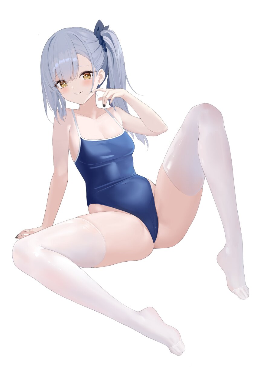 1girl absurdres azur_lane black_nails covered_navel full_body hand_up highres kuyoumi long_hair looking_at_viewer no_shoes oceana_(azur_lane) parted_lips school_swimsuit side_ponytail simple_background smile solo swimsuit teeth thighhighs white_background white_thighhighs yellow_eyes
