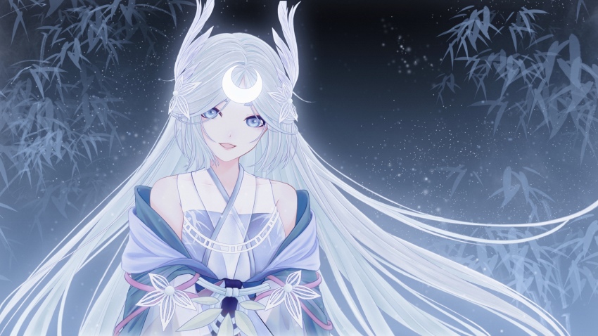 1girl absurdly_long_hair bamboo bamboo_forest bare_shoulders blue_eyes blue_hair forest highres inaba_kaguya_hime japanese_clothes kaguya_hime long_hair looking_at_viewer moon_(ornament) nature onmyoji rika_mayuzumi smile solo upper_body very_long_hair