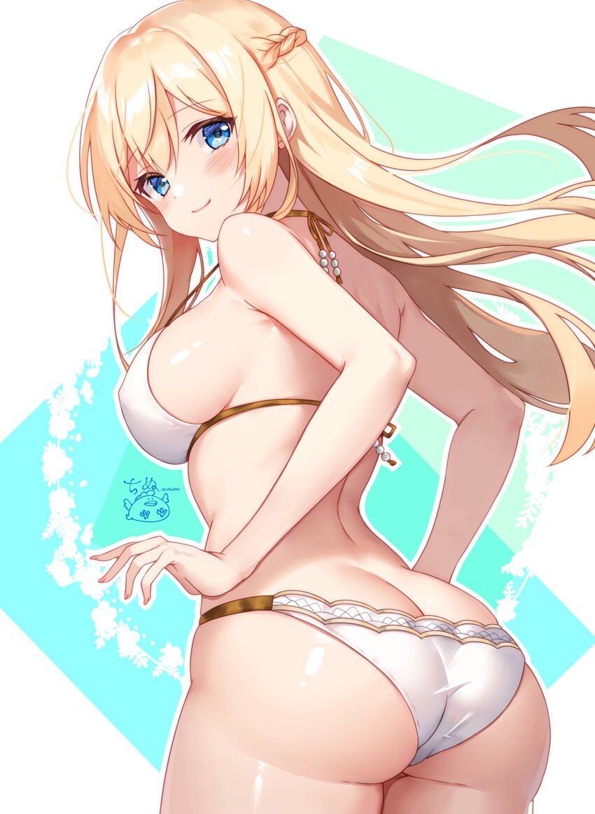 1girl absurdres alice_gear_aegis ass back bare_arms bare_shoulders bikini blonde_hair blue_eyes blush braid breasts cinu closed_mouth commentary_request covered_erect_nipples cowboy_shot from_behind gold_trim highres long_hair looking_at_viewer looking_back median_furrow medium_breasts merabuchi_kanami sideboob signature skindentation smile solo strap_gap string_bikini swimsuit white_bikini