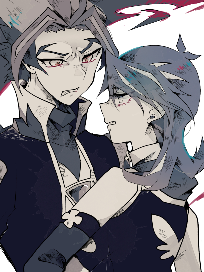 1boy 1girl blue_girl clenched_teeth glaring gradient_eyes highres homura_takeru long_hair looking_at_another multicolored_eyes multicolored_hair muted_color sleeveless soulburner spiked_hair teeth teketeke_(tasutekete) two-tone_hair white_background yu-gi-oh! yu-gi-oh!_vrains zaizen_aoi