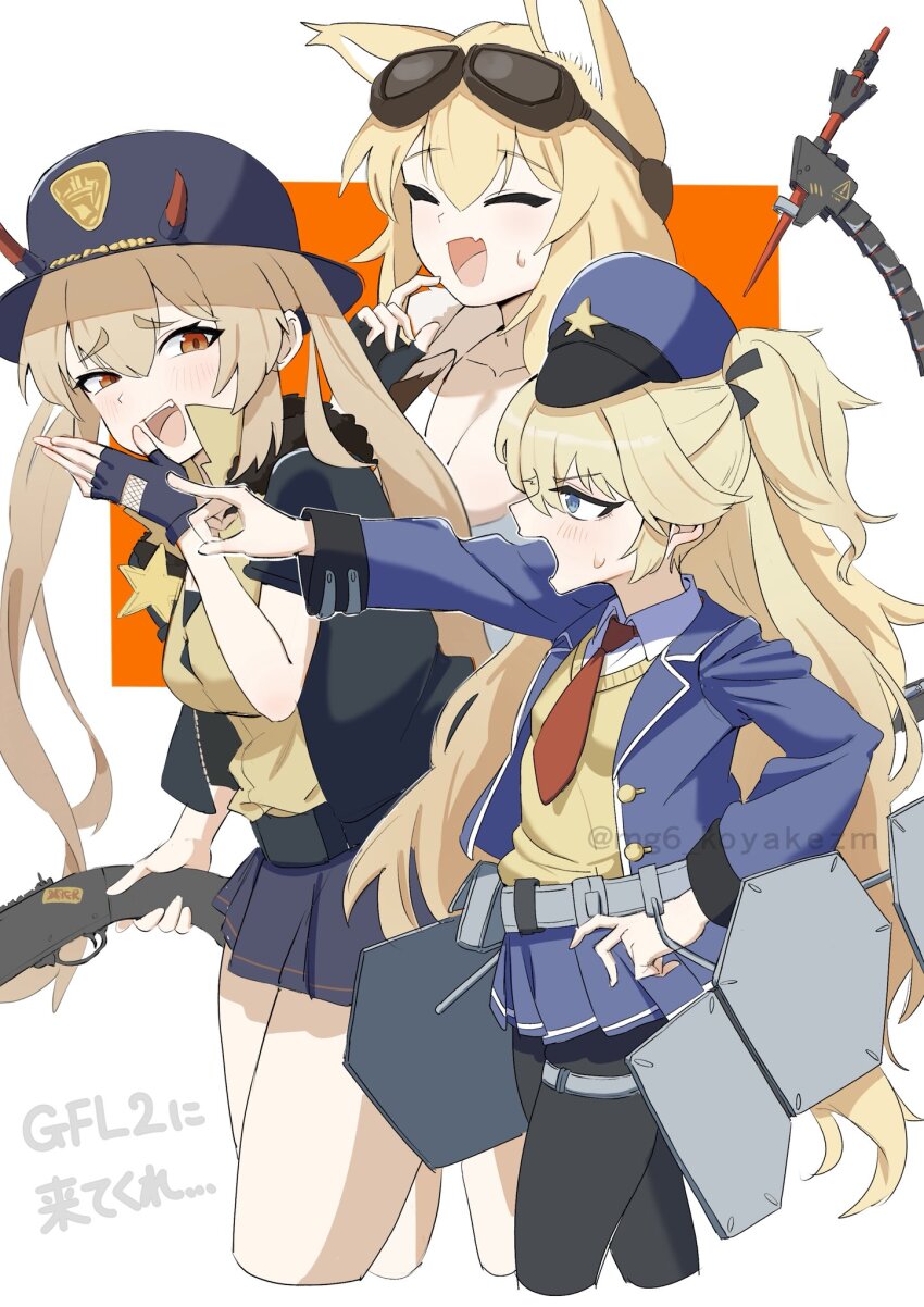 3girls animal_ears armor artist_name black_gloves black_hat black_skirt black_vest blonde_hair blue_eyes blue_hat blue_jacket blue_skirt blush cardigan closed_eyes collared_shirt commentary_request cropped_legs demon_horns fang fingerless_gloves fur-trimmed_vest fur_trim girls&#039;_frontline gloves goggles goggles_on_head gun hand_on_own_hip hat highres holding holding_gun holding_weapon horns jacket long_hair looking_at_another m500_(girls&#039;_frontline) m870_(girls&#039;_frontline) mechanical_tail mg6_koyakezm multiple_girls open_mouth orange_eyes peaked_cap pleated_skirt pump_action red_scarf remington_870 scarf shield_module shirt shotgun simple_background skin_fang skirt smile super-shorty_(girls&#039;_frontline) sweatdrop tail teeth twitter_username two-tone_background upper_teeth_only vest weapon white_shirt yellow_cardigan yellow_shirt