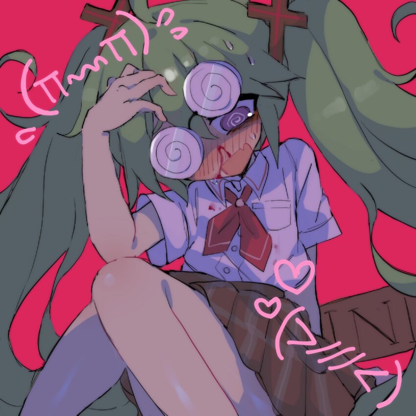1girl @_@ ahoge blood blood_on_clothes blush brown_skirt coke-bottle_glasses collared_shirt commentary confessions_of_a_rotten_girl_(vocaloid) cross_hair_ornament deliriumcenter emoticon english_commentary fang full-face_blush glasses green_hair hair_ornament hatsune_miku highres kaomoji long_hair necktie nosebleed open_mouth paddle pink_background pleated_skirt purple_eyes red_necktie shirt simple_background sitting skin_fang skirt solo sweat twintails very_long_hair vocaloid white_shirt yaoi_paddle