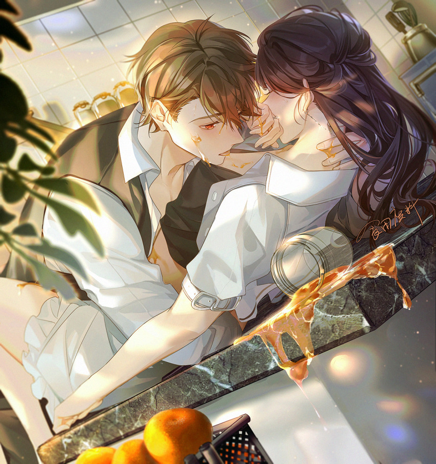 1boy 1girl bad_id bad_source bad_twitter_id basket black_shirt black_vest brown_eyes brown_hair collared_shirt food fruit hetero highres honey indoors jacket jar licking long_hair luke_pearce_(tears_of_themis) lying maokezi on_back peach rosa_(tears_of_themis) shirt signature skirt table tears_of_themis tile_wall tiles tongue tongue_out vest white_jacket white_shirt white_skirt