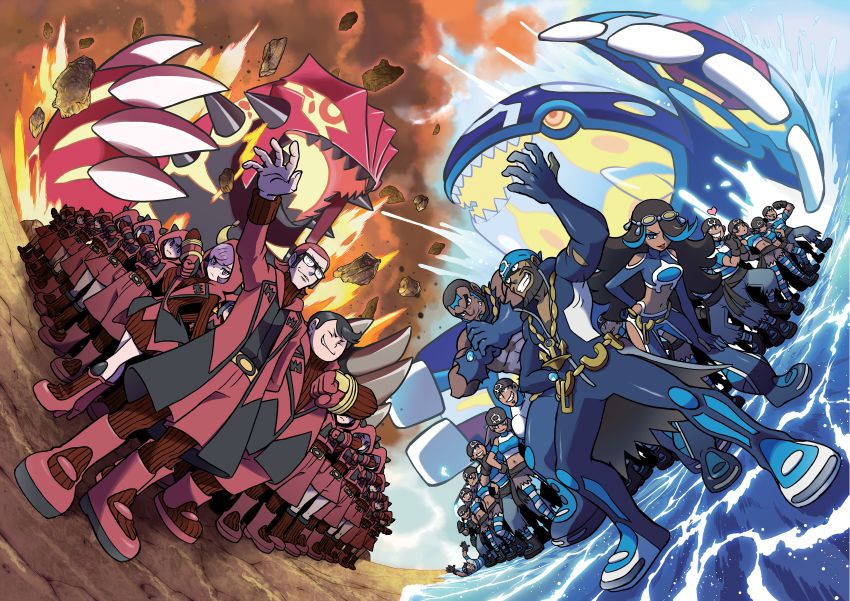 10s absurdres archie_(pokemon) archie_(pokemon_oras) army bandana beard courtney_(pokemon) courtney_(pokemon_oras) dark_skin epic eruption facial_hair facial_mark gen_3_pokemon gloves goggles groudon high_collar highres hood hoodie horns jacket kyogre legendary_pokemon matt_(pokemon) matt_(pokemon)_(remake) maxie_(pokemon) maxie_(pokemon_oras) multiple_boys multiple_girls nintendo npc_trainer official_art pokemon pokemon_(creature) pokemon_oras shelly_(pokemon) shelly_(pokemon_oras) standoff sugimori_ken tabitha_(pokemon) tabitha_(pokemon_oras) team_aqua team_aqua_grunt team_magma team_magma_grunt water