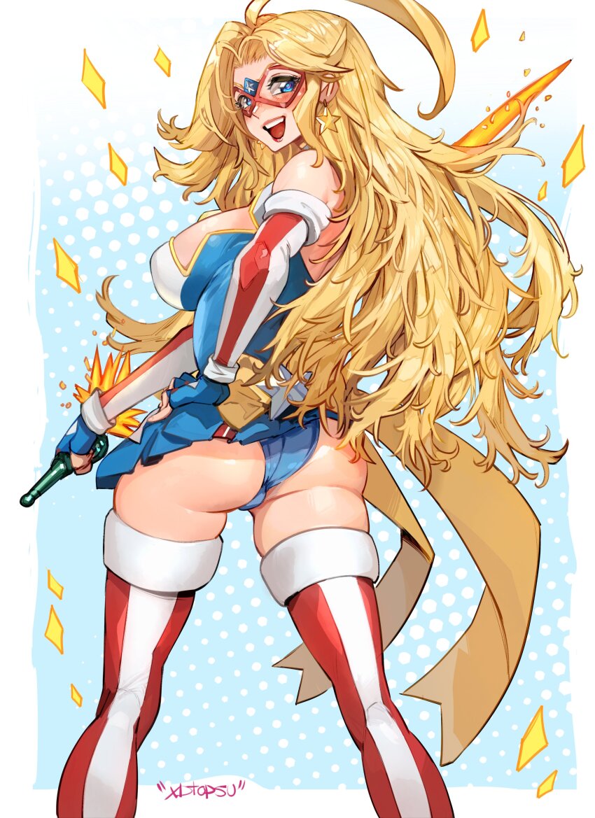 1girl absurdres ahoge american_flag american_flag_print ass blonde_hair blue_eyes boots breasts cleavage clothing_cutout contrapposto domino_mask earrings elbow_gloves energy_sword eye_mask fingerless_gloves flag_print gloves gold_bow highres jewelry kamen_america kamen_america_(comic) large_breasts leotard long_hair looking_at_viewer made_in_2023 mask open_mouth patriotism reverse_grip smile solo star_(symbol) star_cutout star_earrings striped_clothes striped_footwear superhero_costume sword thigh_boots topsu vertical-striped_footwear weapon