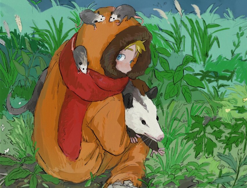 1boy animal animal_on_head blonde_hair blue_eyes blush fur-trimmed_jacket fur_trim grass holding holding_animal hood hood_up jacket kenny_mccormick male_focus nature on_head opossum orange_jacket orange_pants outdoors pants plant red_scarf scarf sitting solo south_park ume-bayashi wariza