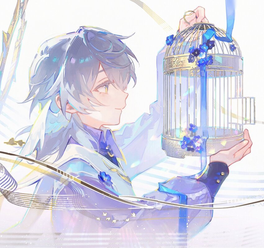 1boy aged_down birdcage blue_flower cage closed_mouth feathered_wings flower from_side grey_hair hair_between_eyes halo halo_behind_head head_wings highres holding holding_cage honkai:_star_rail honkai_(series) jacket long_sleeves looking_at_object male_focus medium_hair profile purple_shirt renjian_shilian shirt smile solo spiked_halo sunday_(honkai:_star_rail) upper_body vest white_vest white_wings wings yellow_eyes