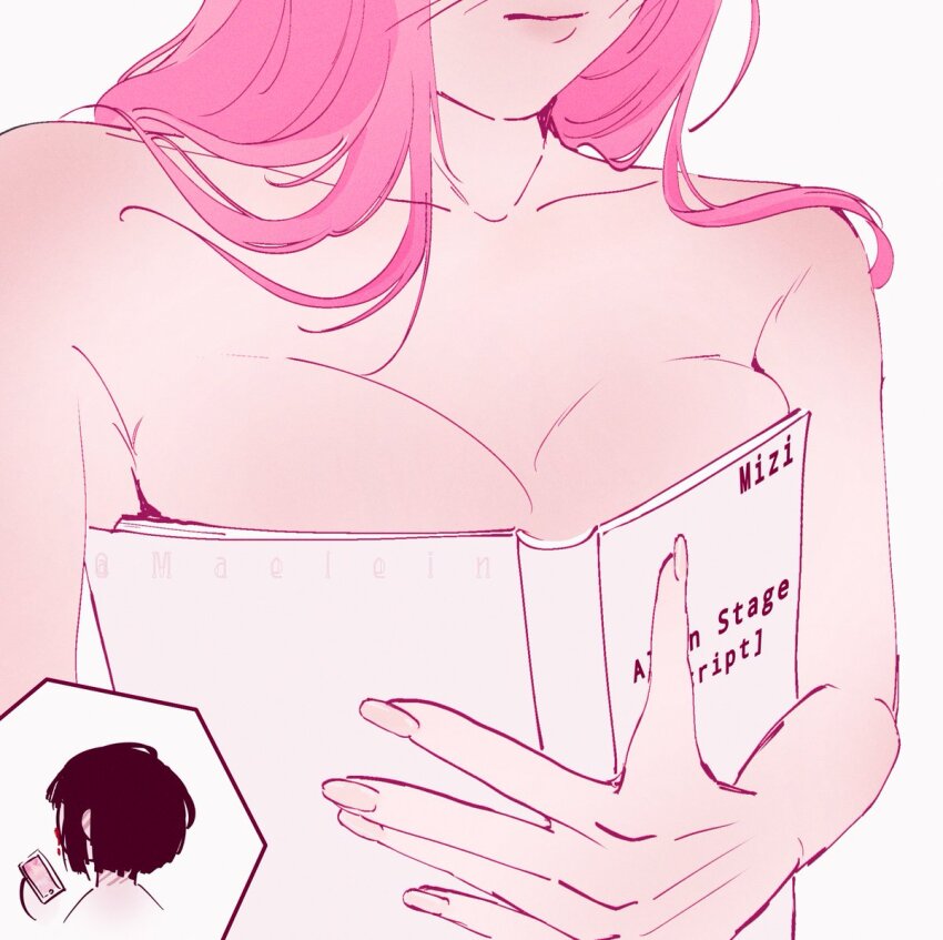 2girls alien_stage aroused_nosebleed black_hair blood boobs_in_book_(meme) book collarbone commentary english_commentary english_text head_out_of_frame holding holding_book holding_phone long_hair maelein meme mizi_(alien_stage) multiple_girls nosebleed phone pink_hair short_hair solo_focus sua_(alien_stage) yuri