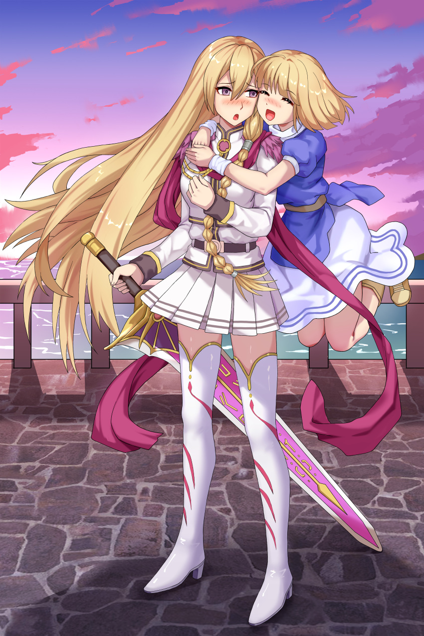 2girls absurdres adapted_costume arm_around_neck blonde_hair blue_shirt blush boots braid breasts chester_stoddart chinese_commentary closed_eyes cobblestone commentary_request elena_stoddart facing_viewer full_body genderswap genderswap_(mtf) glomp greatsword haimei1980 hair_between_eyes hand_up happy high_heel_boots high_heels highres holding holding_sword holding_weapon hug hug_from_behind jacket jumping long_hair long_sleeves looking_at_another medium_breasts multiple_girls nose_blush open_mouth outdoors own_hands_together pink_sword pleated_skirt purple_eyes railing shirt short_hair short_sleeves siblings side_braid single_braid sisters skirt sunset sword thigh_boots thighhighs very_long_hair water weapon white_footwear white_jacket white_skirt ys ys_iii:_wanderers_from_ys zettai_ryouiki