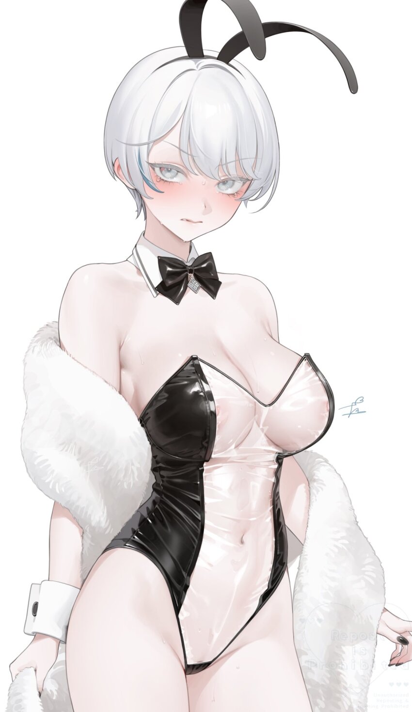 1girl animal_ears bare_shoulders blush bow bowtie breasts character_request cleavage commentary copyright_request detached_collar fake_animal_ears grey_eyes grey_hair highres large_breasts leotard looking_at_viewer navel nipple_slip nipples ohisashiburi playboy_bunny rabbit_ears see-through_clothes short_hair simple_background solo strapless strapless_leotard sweat symbol-only_commentary white_background