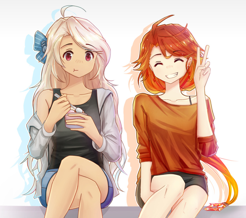 2girls ahoge azur_lane black_shorts black_tank_top blonde_hair blue_bow blue_shorts bow brooklyn_(azur_lane) collarbone crossed_legs cup dark-skinned_female dark_skin earrings eating floating_earrings grey_jacket hair_bow hand_up holding holding_spoon ice_cream_cup jacket jewelry long_hair looking_at_viewer multiple_girls orange_hair orange_shirt phoenix_(azur_lane) red_eyes shirt shorts simple_background single_bare_shoulder sitting smile spoon swept_bangs tank_top v white_background zoink