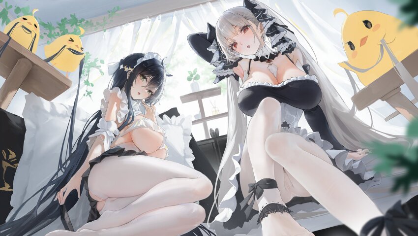 2girls absurdly_long_hair ass ass_cutout azur_lane black_hair black_skirt breasts cleavage clothing_cutout crotchless crotchless_pantyhose formidable_(azur_lane) green_eyes hair_between_eyes hair_flowing_over highres indomitable_(azur_lane) indomitable_(ms._motivationless_maid)_(azur_lane) large_breasts long_hair looking_at_viewer maid_headdress manjuu_(azur_lane) matsogum multiple_girls official_alternate_costume pantyhose siblings sisters skirt underboob very_long_hair white_pantyhose