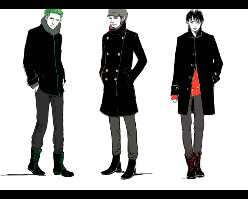 3boys alternate_costume black_hair boots formal_clothes full_body green_hair hand_in_pocket hands_in_pockets hat jacket lace-up_boots letterboxed male_focus monkey_d._luffy multiple_boys one-eyed one_piece peacoat punk_hazard red_shirt roronoa_zoro scar shirt simple_background spot_color standing sweater trafalgar_law
