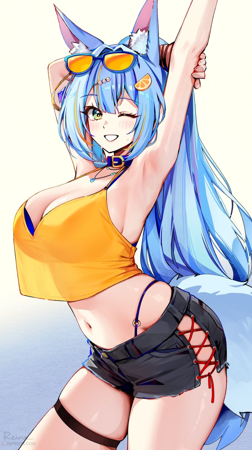 1girl animal_ear_fluff animal_ears arm_behind_head arm_up armpits black_shorts blue_hair blush breasts cleavage cowboy_shot crop_top fox_ears foxyreine from_side green_eyes grin hair_between_eyes highres large_breasts long_hair looking_at_viewer navel o-ring one_eye_closed original short_shorts shorts signature sister_reine_(foxyreine) smile solo stomach tail teeth thigh_strap very_long_hair