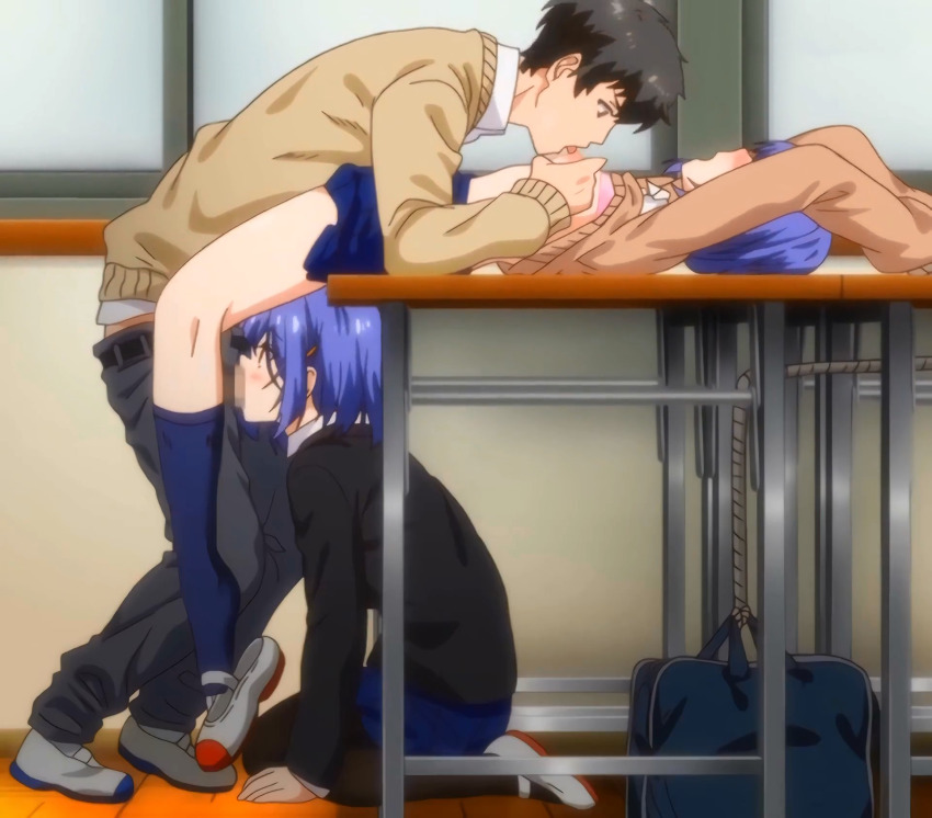 1boy 2girls anime_screenshot blue_eyes blue_hair blush breasts censored classroom clothes_lift fellatio grabbing_another&#039;s_breast groping hayato_(kaede_to_suzu) hetero highres hoshizuki_kaede hoshizuki_suzu kaede_to_suzu leaning_on_table licking_nipple love_me mosaic_censoring multiple_girls nipple_stimulation nipples on_the_table open_mouth oral orange_eyes panties penis school school_uniform serafuku sex short_hair siblings sisters skirt skirt_lift squatting stitched third-party_edit twins under_table underwear