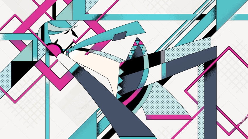1girl abstract aqua_hair aqua_necktie artist_name bare_shoulders black_skirt closed_eyes commentary detached_sleeves feet_out_of_frame from_side grey_sleeves grey_thighhighs hair_ornament halftone hatsune_miku headset highres long_sleeves lossy-lossless machigami_yoh miniskirt necktie shirt skirt social_media_composition solo stitched thighhighs third-party_edit twintails vocaloid watermark white_shirt