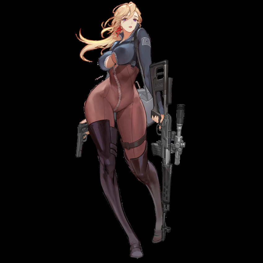 1girl amy_laser_(last_origin) amy_razor blonde_hair bodysuit boots breasts catsuit center_opening cleavage curvy dual_wielding earrings female_focus full_body game_cg gun hair_between_eyes handgun highres holding jewelry large_breasts last_origin looking_at_viewer mature_female official_art pistol purple_eyes rifle rorobomb skin_tight sniper_rifle solo tachi-e thigh_boots thighhighs transparent_background weapon wide_hips zipper