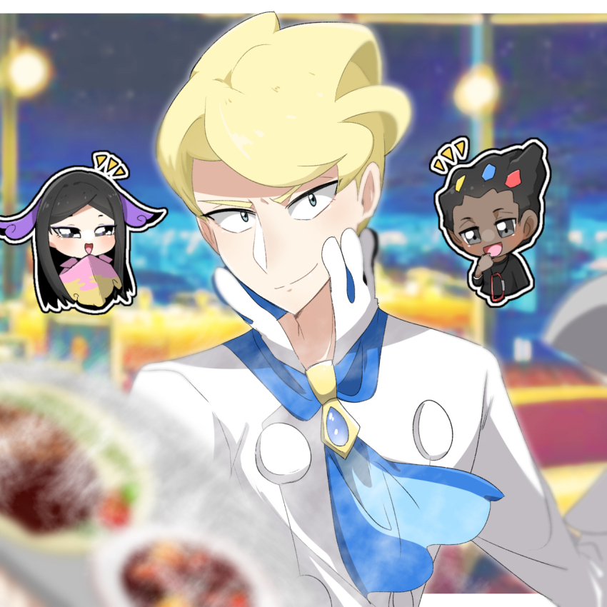 1girl 2boys ascot black_hair blonde_hair blue_ascot chibi chibi_inset dark-skinned_male dark_skin grant_(pokemon) highres holding holding_plate indoors looking_at_viewer multiple_boys nintendo plate pokemon pokemon_xy siebold_(pokemon) smile solo_focus suta_5255 valerie_(pokemon)