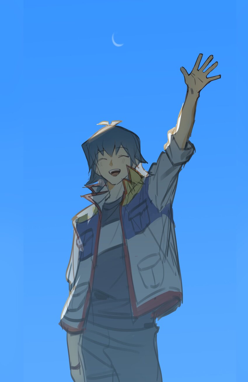 1boy absurdres black_shirt blue_background blue_hair bruno_(yu-gi-oh!) closed_eyes cowboy_shot highres jacket male_focus medium_hair moemoenomori shirt simple_background solo white_jacket yu-gi-oh! yu-gi-oh!_5d&#039;s