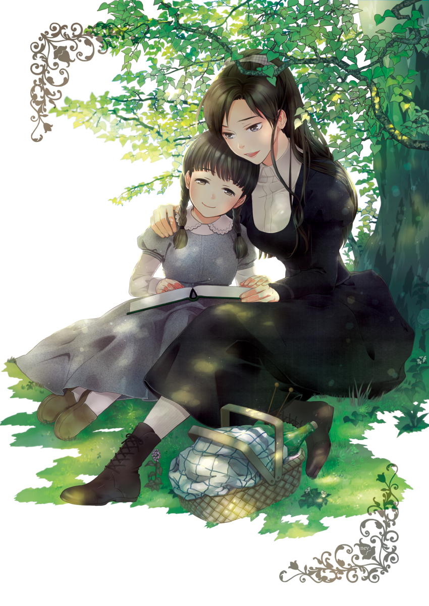 2girls ai_no_wakakusa_monogatari amy_march ankle_boots artist_name basket blue_eyes blunt_bangs book boots bottle braid brown_eyes brown_footwear brown_hair cross-laced_footwear dappled_sunlight dress full_body grey_dress hand_on_another&#039;s_shoulder high_ponytail highres josephine_march leaf leaning_on_person long_hair multiple_girls nev open_book outdoors parted_bangs ponytail shade siblings sisters sitting smile sunlight tree twin_braids under_tree