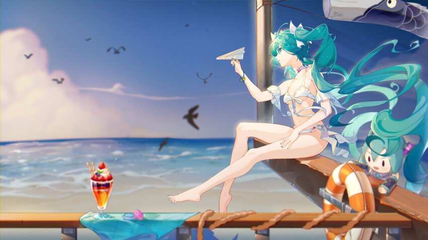 1girl :d absurdres aqua_eyes aqua_hair aqua_nails arm_garter bare_legs barefoot beach bikini bird bloom blueberry blurry blurry_background bracelet breasts character_doll chinese_commentary cloud commentary day floating_hair food fruit full_body fuwapuchi hair_ribbon hatsune_miku highres holding holding_paper_airplane jewelry koinobori lifebuoy long_hair ocean open_mouth outdoors paper_airplane parfait railing ribbon rope sitting smile solo star_bracelet strawberry swim_ring swimsuit twintails underboob v-shaped_eyebrows very_long_hair vocaloid wafer_stick white_bikini white_ribbon wide_shot windsock wooden_railing zuiai_gongzhu_dianxia