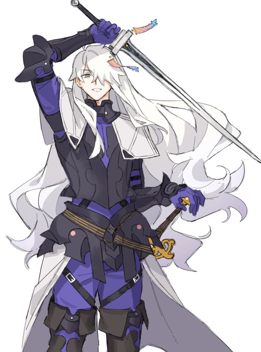1boy armor black_armor chickenuma_0 cowboy_shot fate/requiem fate_(series) galahad_(fate) galahad_alter_(fate) gloves hair_over_one_eye hand_on_hilt highres holding holding_sword holding_weapon knight long_hair looking_at_viewer male_focus simple_background smile solo sword weapon white_background white_hair yellow_eyes