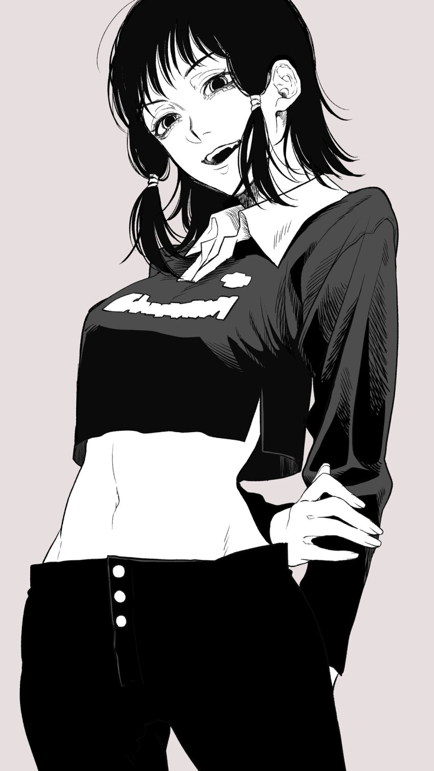 1girl arm_behind_back black_hair blue_eyes chainsaw_man commentary_request haru_rice highres long_sleeves looking_at_viewer midriff mifune_fumiko open_mouth smile solo white_background