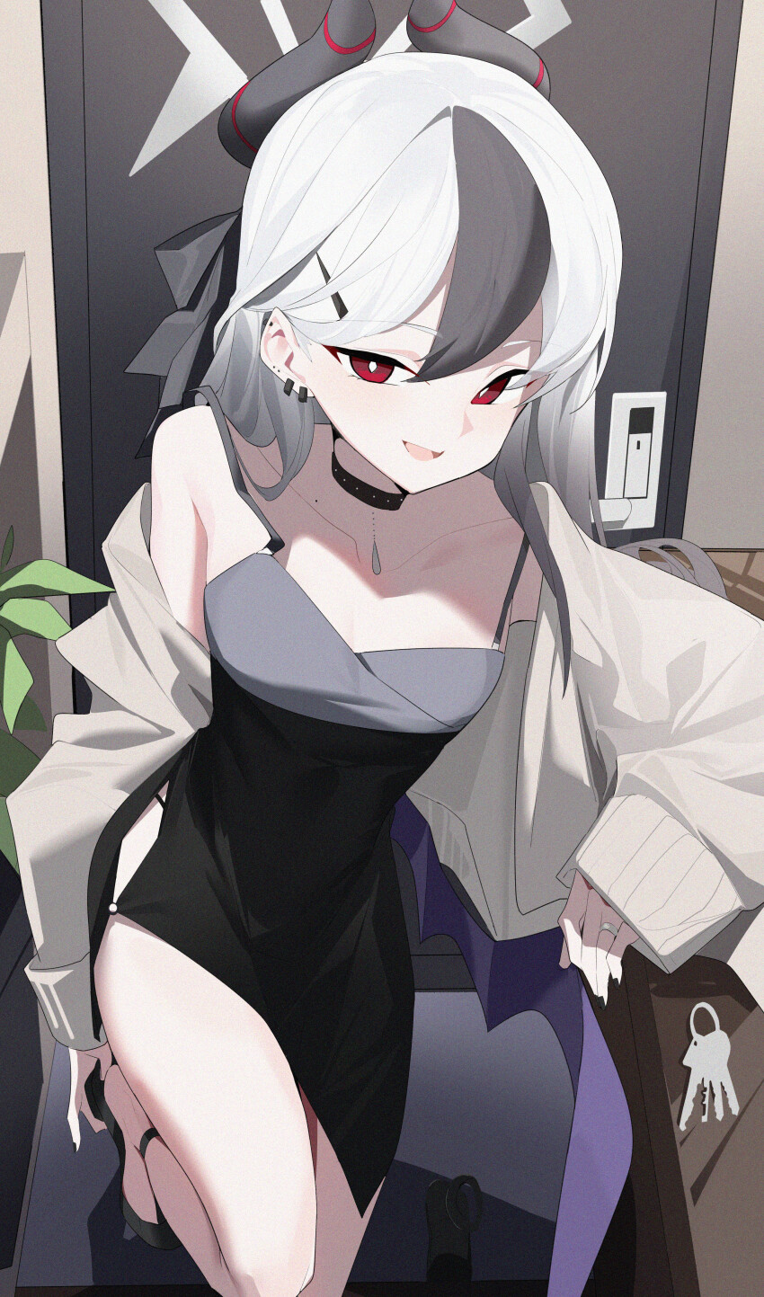 1girl absurdres black_choker black_dress black_hair black_horns blue_archive choker collarbone demon_horns demon_wings diamond_necklace dress ear_piercing grey_halo grey_jacket halo highres horns jacket kayoko_(blue_archive) kayoko_(dress)_(blue_archive) long_hair looking_at_viewer mole mole_on_collarbone mole_on_neck official_alternate_costume piercing purple_wings red_eyes single_wing smile solo standing standing_on_one_leg studded_choker wako_(1194433260) white_hair wings