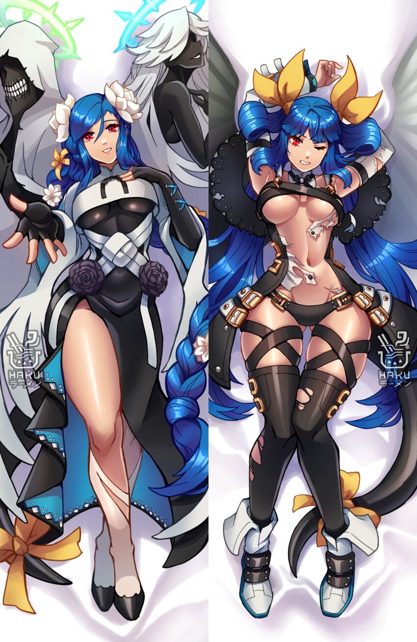 1girl absurdres angel_wings arms_behind_head artist_name asymmetrical_wings belt black_flower black_panties braid braided_ponytail breasts center_opening commentary dakimakura_(medium) dizzy_(guilty_gear) english_commentary flower front_slit gluteal_fold guilty_gear guilty_gear_strive guilty_gear_xrd hair_between_eyes hair_ornament hair_ribbon hair_rings hakuramen halo high_heels highres large_pectorals long_hair long_skirt low-tied_long_hair mature_female monster_girl multiple_views navel necro_(guilty_gear) one_eye_closed outstretched_arm panties pectorals queen_dizzy ribbon sidelocks skindentation skirt spiked_halo swept_bangs thick_thighs thigh_gap thighs twintails underboob underwear undine_(guilty_gear) white_flower wings yellow_flower