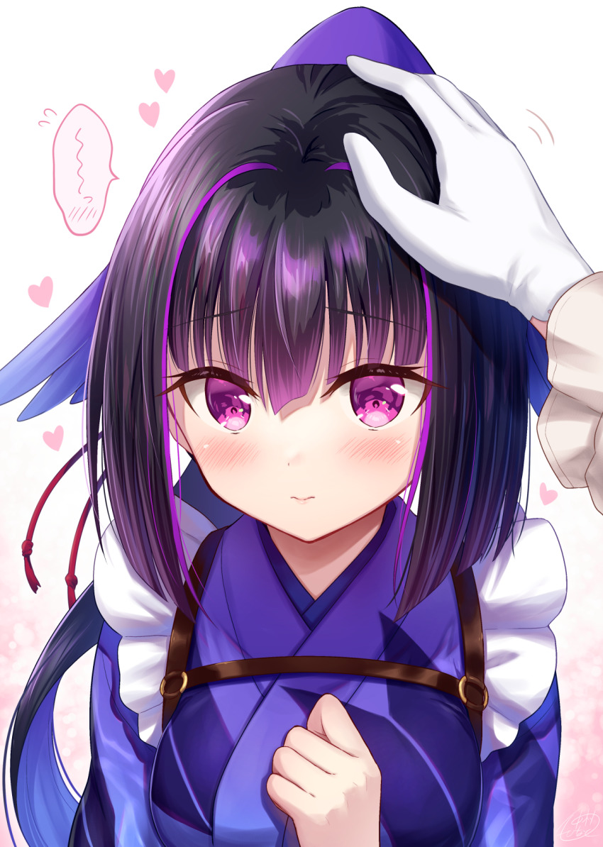 1girl 1other black_hair blush closed_mouth commentary_request flying_sweatdrops gloves hand_up headpat heart highres japanese_clothes karasuba_(prima_doll) kimono long_hair long_sleeves looking_at_viewer multicolored_hair nakamura_hinato ponytail prima_doll_(anime) purple_eyes purple_hair purple_kimono spoken_blush streaked_hair upper_body white_background white_gloves