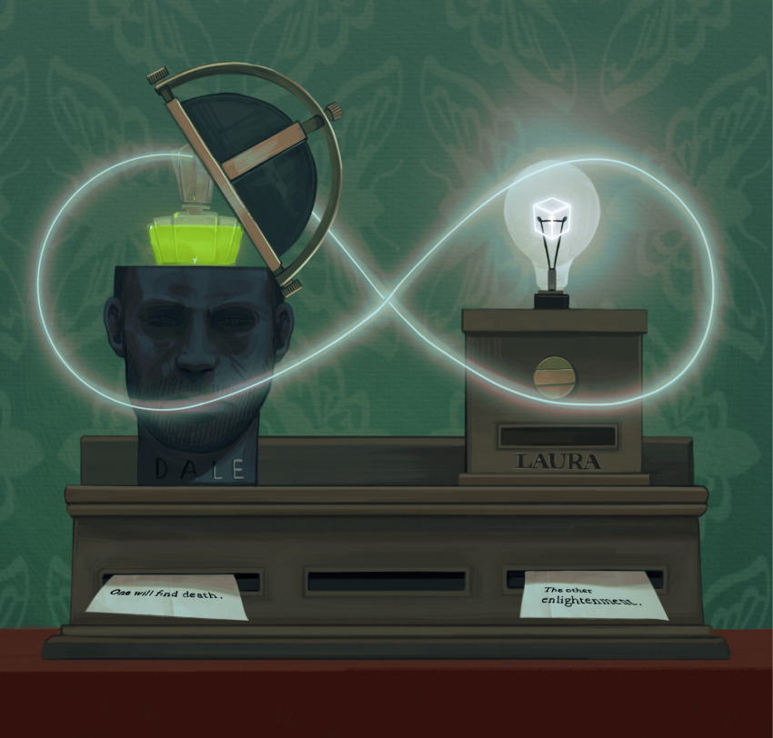 box character_name commentary cube dale_vandermeer device english_text highres infinity_symbol laura_vanderboom lemonhairfox light_bulb no_humans paper printing rusty_lake statue vial wallpaper_(object)