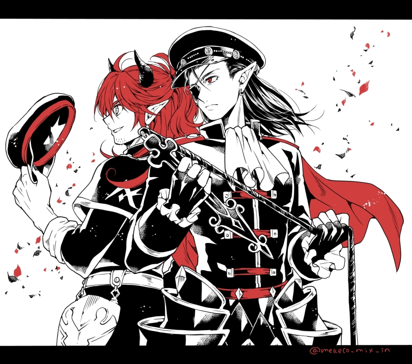 2boys ascot back-to-back black_border border cape closed_mouth commentary_request demon_boy dragon_quest dragon_quest_x earrings eyepatch facial_hair floating_cape floating_hair gloves hat highres holding holding_unworn_clothes holding_whip hoop_earrings horns jewelry long_hair looking_to_the_side male_focus medium_hair mekeko military_uniform multiple_boys najinn_(dragon_quest) open_mouth pointy_ears red_cape red_eyes red_hair smile spot_color stubble twitter_username unworn_hat unworn_headwear yushuka_(dragon_quest)