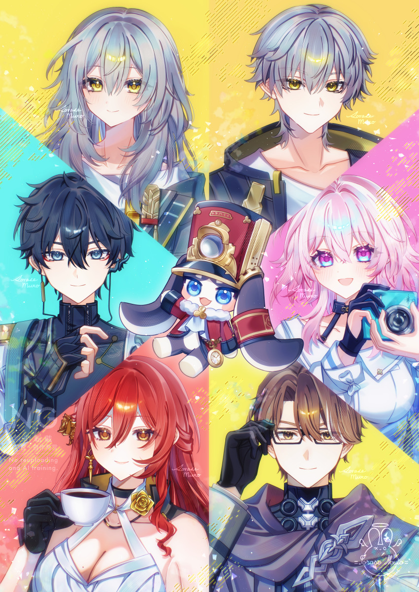 3boys 3girls absurdres black_choker black_gloves black_hair blue_eyes blue_jacket bra_strap breasts brown_eyes brown_hair caelus_(honkai:_star_rail) camera choker cleavage collarbone commentary_request dan_heng_(honkai:_star_rail) dan_heng_(hunt)_(honkai:_star_rail) gloves green_eyes grey_hair highres himeko_(honkai:_star_rail) holding holding_camera honkai:_star_rail honkai_(series) jacket large_breasts long_hair long_sleeves looking_at_viewer male_focus march_7th_(honkai:_star_rail) march_7th_(preservation)_(honkai:_star_rail) medium_breasts medium_hair multicolored_eyes multiple_boys multiple_girls open_mouth partially_fingerless_gloves pink_eyes pink_hair pink_pupils pom-pom_(honkai:_star_rail) red_hair shirt short_hair signature single_glove smile sorase_610 stelle_(honkai:_star_rail) trailblazer_(honkai:_star_rail) two-tone_eyes underbust watermark welt_yang white_shirt yellow_eyes