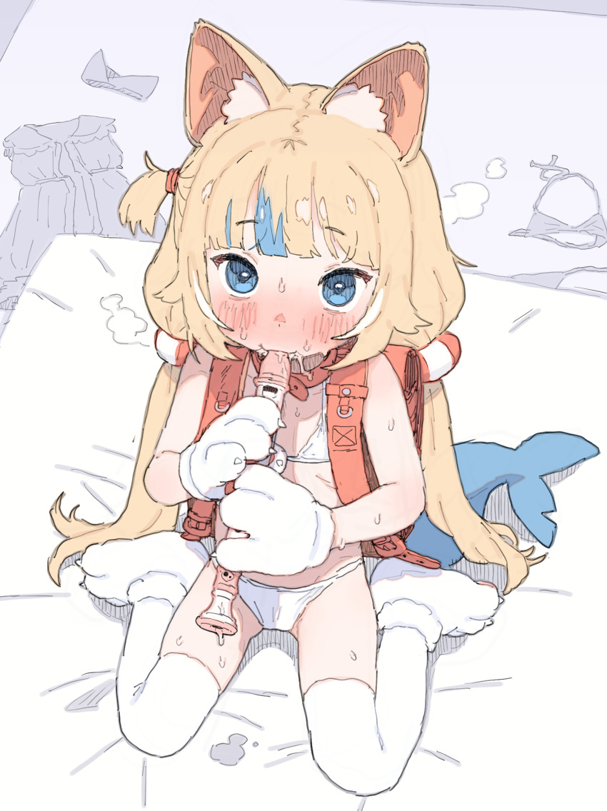 1girl animal_ears animal_hands backpack bag bikini blonde_hair blue_eyes blush commentary commentary_request english_commentary flute gloves highres indie_virtual_youtuber instrument loli long_hair looking_at_viewer mixed-language_commentary multicolored_hair possummachine randoseru recorder sameko_saba sitting solo swimsuit tail thighhighs white_thighhighs