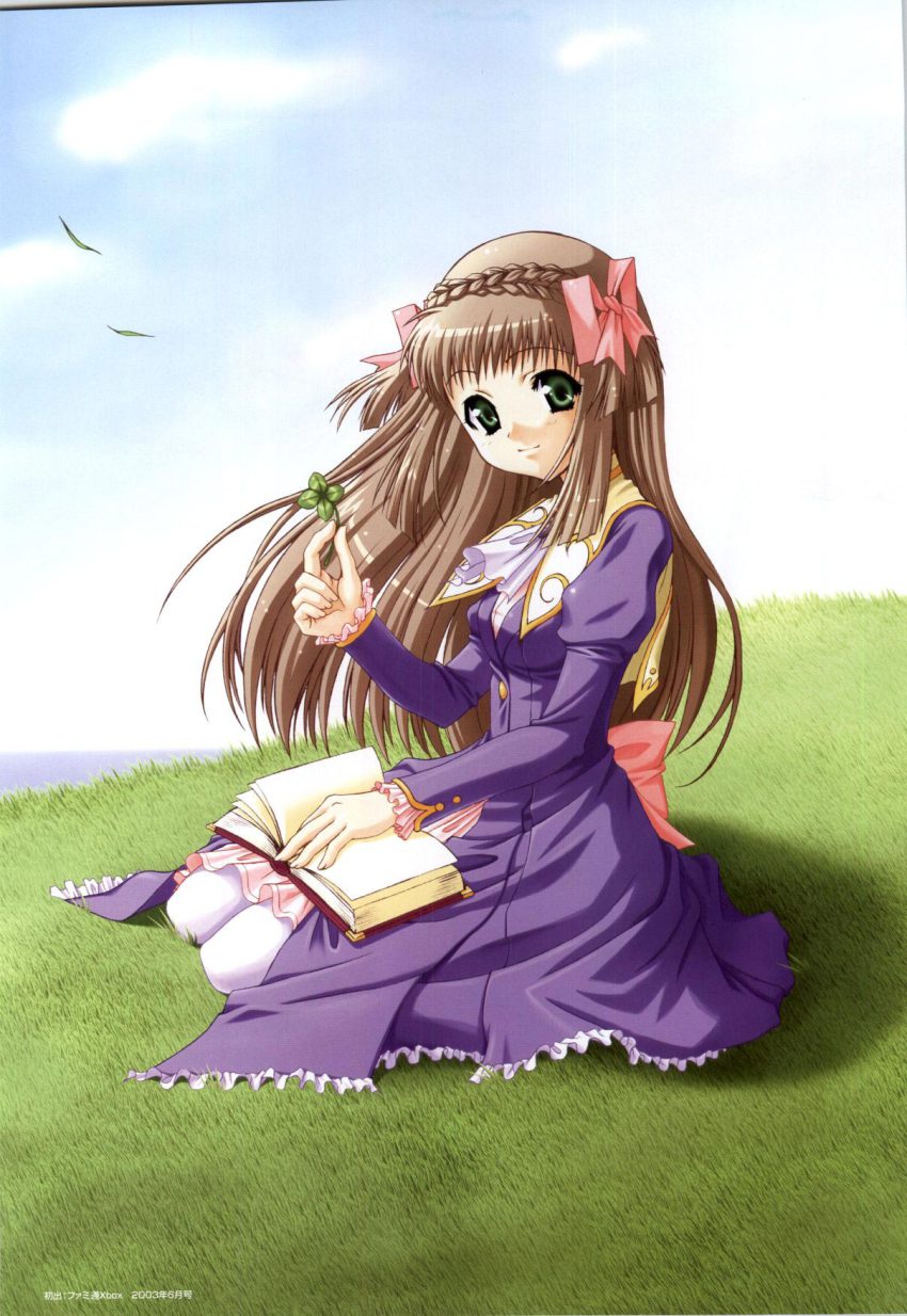 00s 1girl 2003 bistro_cupid bistro_cupid_(series) bistro_cupid_2 book bow braid brown_hair celery_periwinkle cloud clover crown_braid day dress female_focus four-leaf_clover full_body grass green_eyes hair_bow highres kneeling long_hair official_art pandaki_(aki) pantyhose pink_bow purple_dress scan sky smile solo two_side_up white_pantyhose