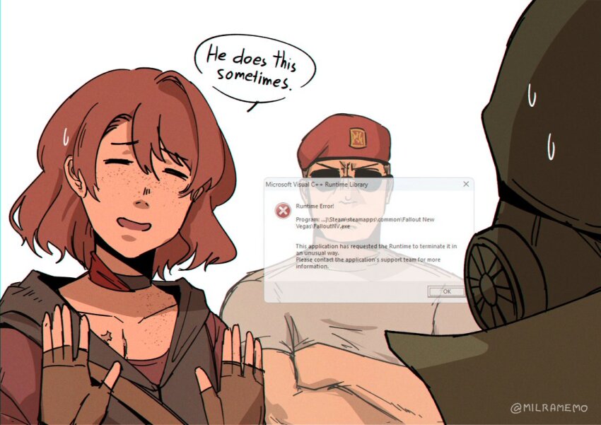 1girl 2boys beret black_jacket brown_gloves brown_shoes closed_eyes collarbone commentary courier_(fallout:_new_vegas) craig_boone crossed_arms english_commentary english_text error_message fallout fallout:_new_vegas fingerless_gloves gas_mask gloves grey_shirt hair_between_eyes hat helmet jacket mask milramemo multiple_boys ncr_veteran_ranger noelle_(milramemo) open_mouth red_hat shirt shoes short_sleeves simple_background sleeveless sleeveless_jacket small_sweatdrop sunglasses sweat twitter_username v-shaped_eyebrows white_background window_(computing)