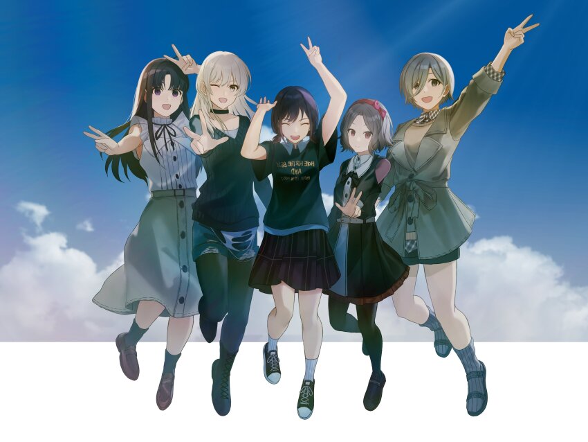 5girls :d ;d absurdres awa_subaru black_dress black_hair black_pantyhose black_ribbon black_sandals black_shirt black_shoes black_shorts black_sweater blue_shorts blue_sky bow_hairband brown_shoes closed_eyes closed_mouth cloud coat commentary_request day dress ebizuka_tomo facing_viewer girls_band_cry grey_coat grey_hair grey_skirt hairband highres iseri_nina kawaragi_momoka legs looking_at_viewer maple_linf multiple_girls neck_ribbon one_eye_closed open_mouth outdoors pantyhose plaid_clothes plaid_skirt purple_eyes red_hairband ribbed_shirt ribbon rupa_(girls_band_cry) sandals shirt shoes short_hair shorts skirt sky smile sneakers sweater thighs white_shirt