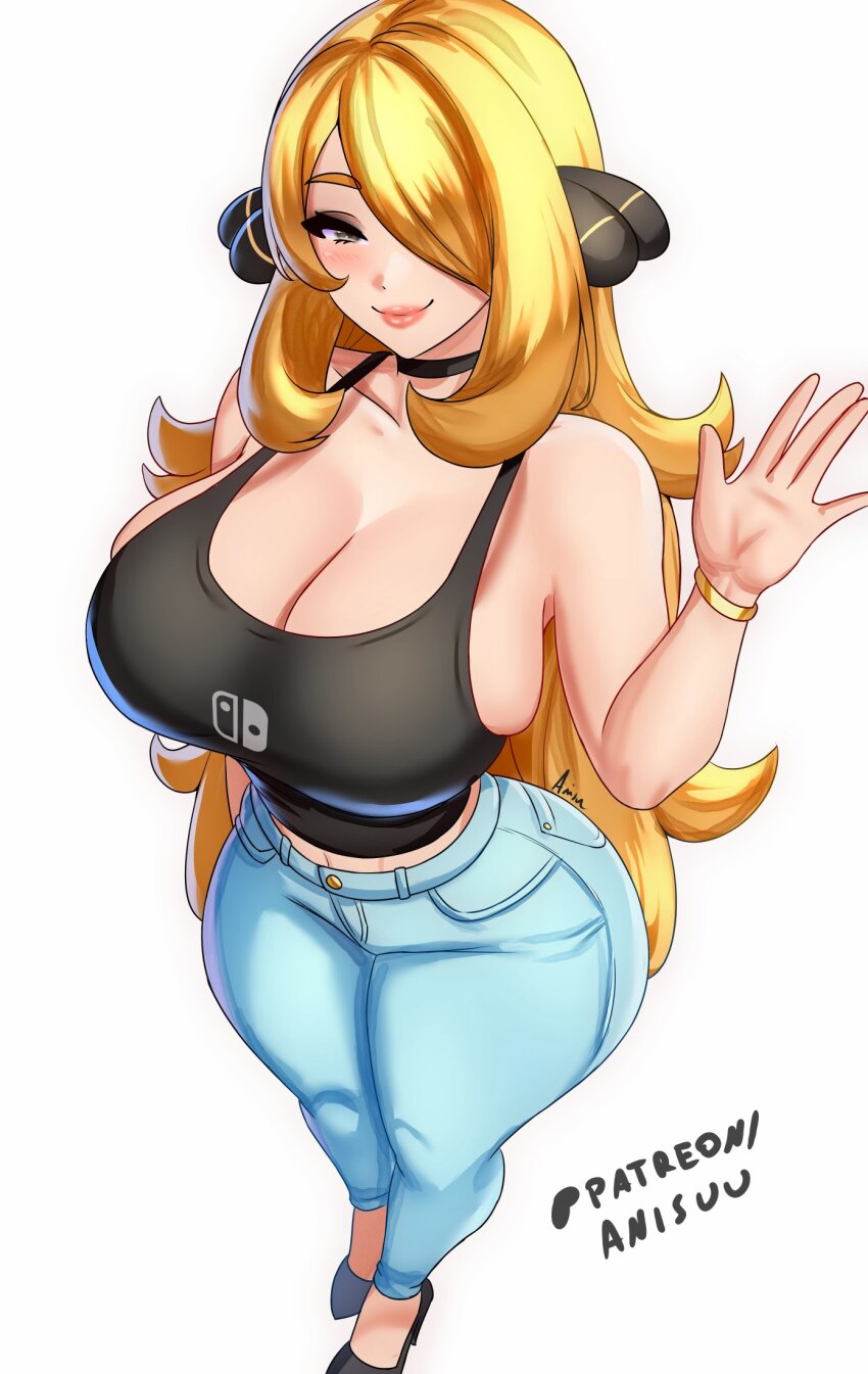1girl anisdrawn black_choker black_tank_top blonde_hair blush breasts choker cleavage closed_mouth cynthia_(pokemon) denim game_freak grey_eyes hair_ornament hair_over_one_eye highres jeans large_breasts long_hair looking_at_viewer nintendo pants pokemon pokemon_dppt simple_background smile solo tank_top very_long_hair