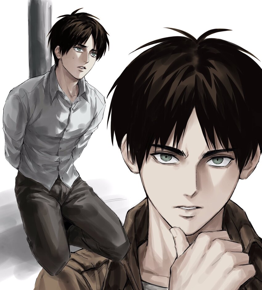 1boy black_pants brown_hair brown_jacket eren_yeager green_eyes highres jacket looking_at_viewer male_focus multiple_views pants parted_lips shingeki_no_kyojin shirt short_hair simple_background solo sso_s teeth upper_body white_background white_shirt