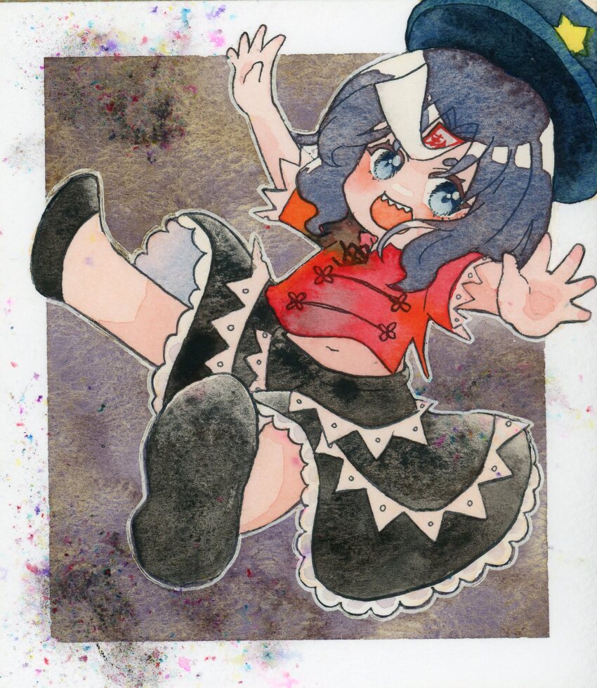 1girl black_ribbon black_skirt blue_eyes blue_hat blush chinese_clothes commentary_request frilled_skirt frills full_body grey_hair hat hat_ornament highres jiangshi lace-trimmed_sleeves lace_trim looking_at_viewer miyako_yoshika neck_ribbon newsboy_cap ofuda open_mouth outstretched_arms painting_(medium) pppppks red_shirt ribbon shirt short_hair short_sleeves skirt smile solo star_(symbol) star_hat_ornament tangzhuang touhou traditional_media watercolor_(medium)