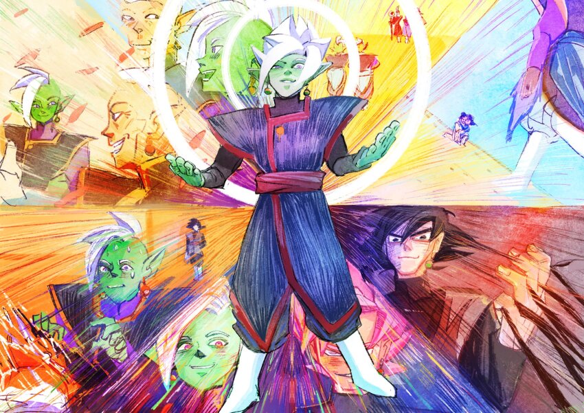 1girl 6+boys beerus black_bodysuit black_eyes black_pants blue_pants blue_sash bodysuit boots bright_background bright_pupils chi-chi_(dragon_ball) colored_skin dragon_ball dragon_ball_super earrings energy_sword fused_zamasu goku_black gowasu green_skin grey_eyes halo highres jewelry long_sleeves male_focus mohawk multicolored_eyes multiple_boys multiple_views pants pink_hair pointy_ears potara_earrings purple_shirt red_sash ring ritostime sash shirt short_hair smile smirk son_goku son_goten spiked_hair story super_saiyan super_saiyan_rose surreal sweat sweatdrop sword tea teapot teeth weapon whis white_footwear white_hair yellow_skin zamasu