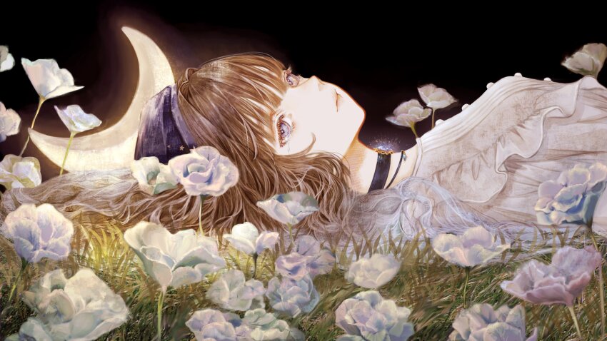 1girl absurdres black_background black_choker breasts brooch brown_hair buttons choker closed_mouth crescent_moon flower frilled_shirt frills from_side glowing glowing_jewelry grass hair_spread_out highres jewelry long_hair looking_at_viewer looking_to_the_side lying moon necklace night on_back on_grass original outdoors purple_eyes purple_hair shirone_(coxo_ii) shirt small_breasts solo upper_body white_flower white_shirt