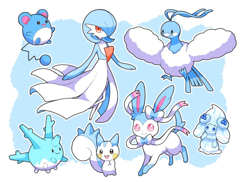 alcremie alcremie_(berry_sweet) altaria alternate_color azumarill blue_hair blueberry bob_cut bow bowtie colored_skin corsola dress food fruit gardevoir gen_2_pokemon gen_3_pokemon gen_4_pokemon gen_6_pokemon gen_8_pokemon h_k225 multicolored_fur multicolored_skin nintendo no_feet open_mouth orange_eyes pachirisu pokemon pokemon_(creature) shiny_pokemon smile sylveon two-tone_fur two-tone_skin white_dress white_skin
