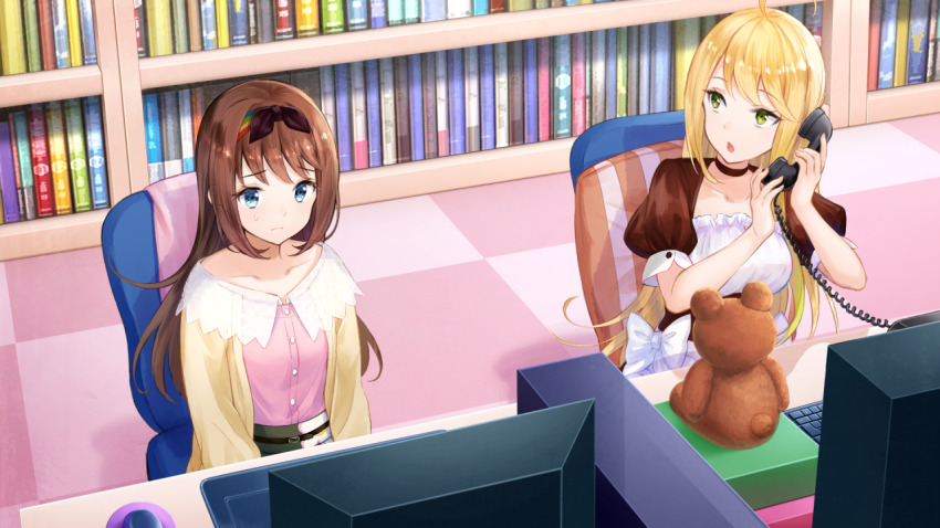2girls ahoge black_choker blonde_hair blue_eyes bookshelf breasts brown_cardigan brown_hair cardigan chair choker closed_mouth collarbone corded_phone drawing_tablet game_cg green_eyes green_skirt hairband holding holding_phone indoors large_breasts long_hair maid monitor multicolored_hairband multiple_girls non-web_source office_chair official_art on_chair open_cardigan open_clothes open_mouth otori_ai phone pink_shirt puffy_short_sleeves puffy_sleeves raised_inner_eyebrows shirt short_sleeves sidelocks sitting skirt small_breasts stuffed_animal stuffed_toy swivel_chair tachibana_nana talking_on_phone teddy_bear yumeutsutsu_re:master