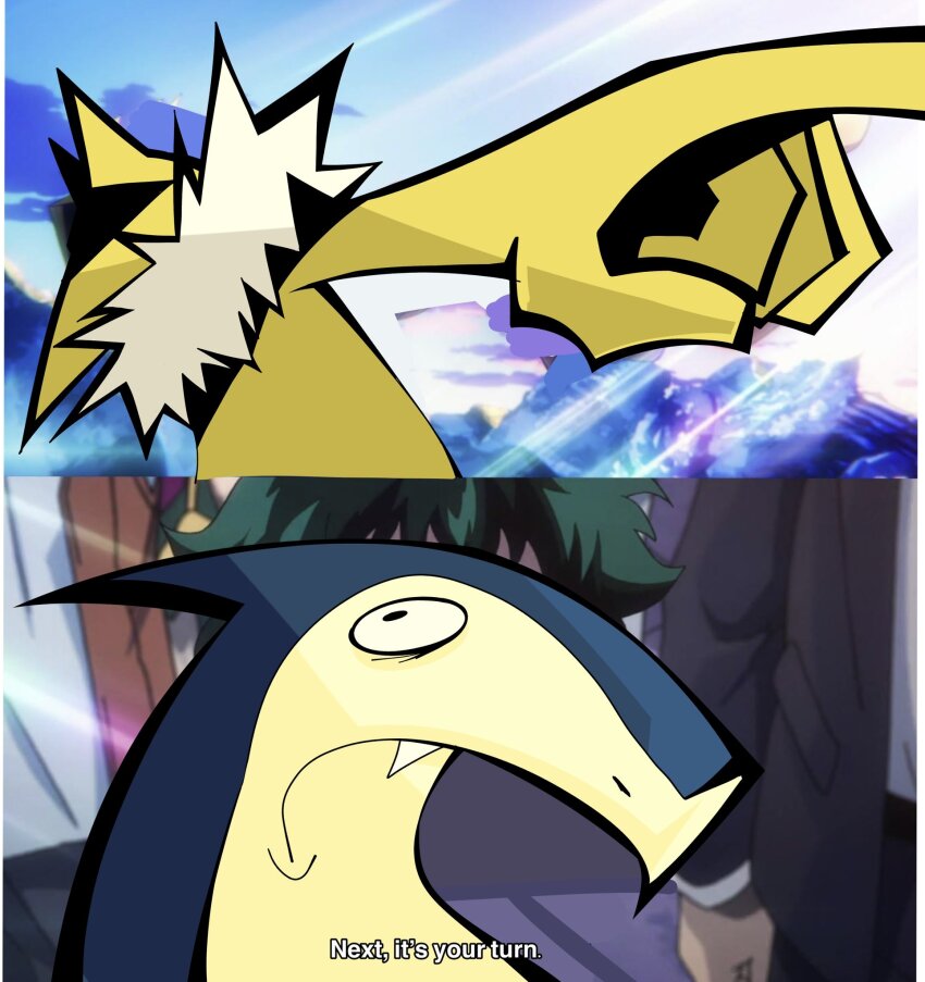 2024_pokemon_teraleak 2others body_fur boku_no_hero_academia colored_skin commentary confused english_commentary english_text fang gen_1_pokemon gen_2_pokemon highres hypno meme multiple_others neck_fur nerdula nintendo obscured_eyes parody pointing pointing_at_another pointy_ears pokemon pokemon_(creature) style_parody typhlosion white_fur yellow_skin