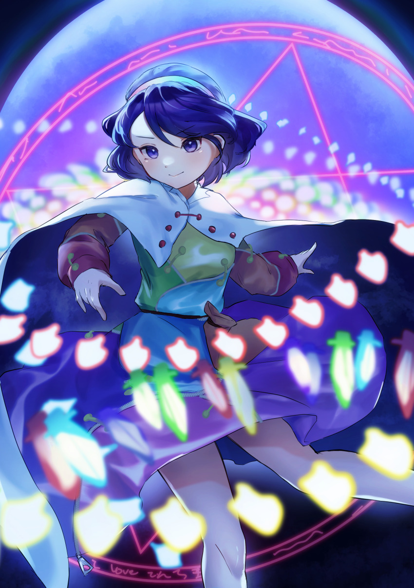 1girl absurdres belt_pouch blurry cape closed_mouth collared_cape commentary_request dagger danmaku depth_of_field dress feet_out_of_frame hairband highres knife long_sleeves magic_circle motsi_x multicolored_dress multicolored_hairband partial_commentary pouch puffy_long_sleeves puffy_sleeves purple_eyes purple_hair rainbow_hairband short_hair smile solo spell_card tenkyuu_chimata touhou two-sided_cape two-sided_fabric v-shaped_eyebrows weapon zipper_pull_tab